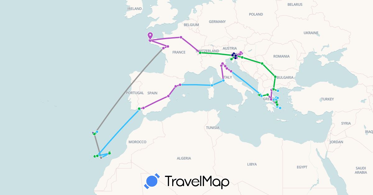 TravelMap itinerary: driving, bus, plane, train, hiking, boat in Albania, Bulgaria, Switzerland, Spain, France, Greece, Croatia, Italy, Portugal, Serbia, Slovenia (Europe)